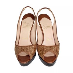 Christian Louboutin rafia and leather slingback peep-toe pump shoes!
